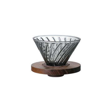 Detailed view of Glass Pour Over set highlighting transparent dripper and sturdy plastic stand