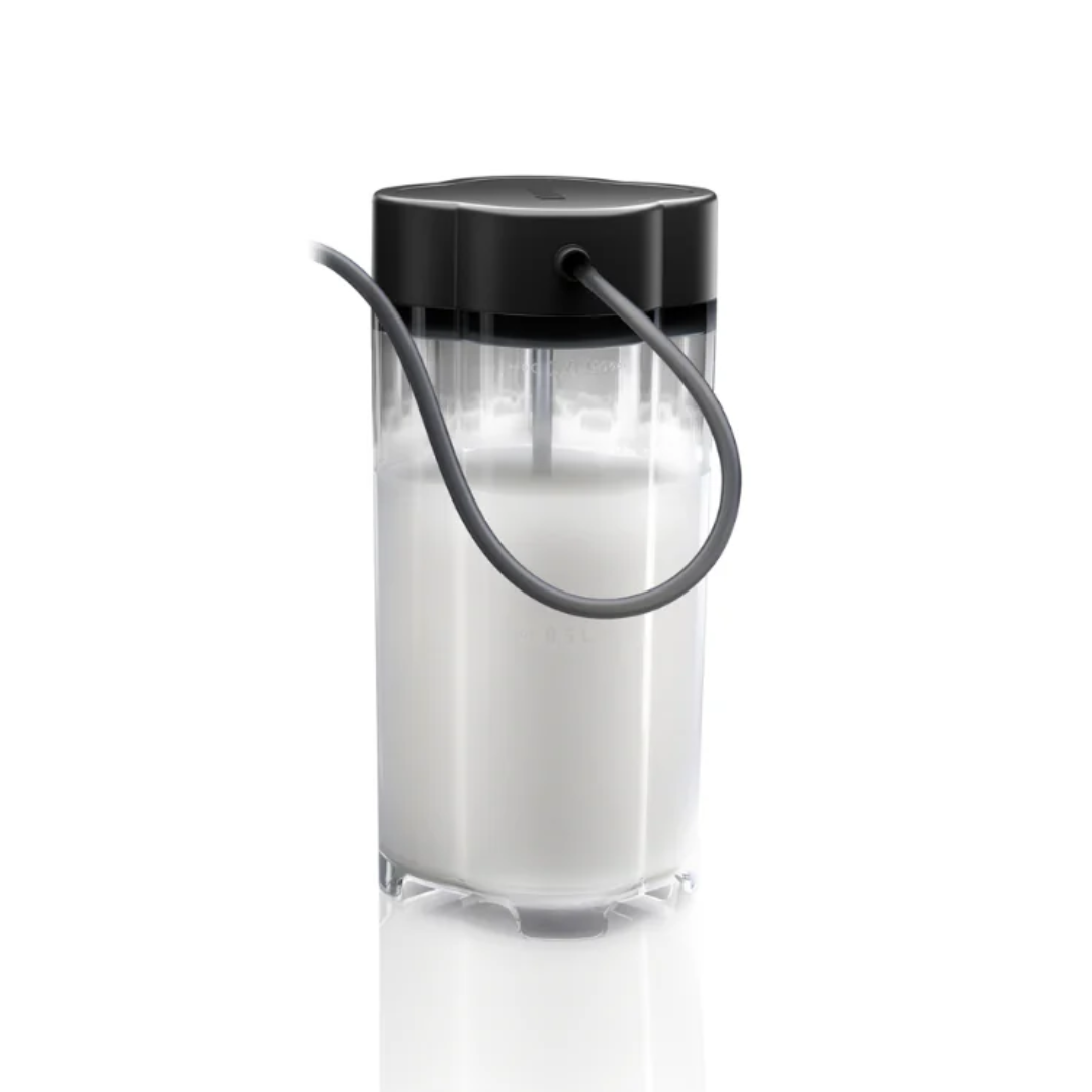 Side view of Nivona NIMC 1000 Milk Container showcasing clear plastic construction and visible milk level