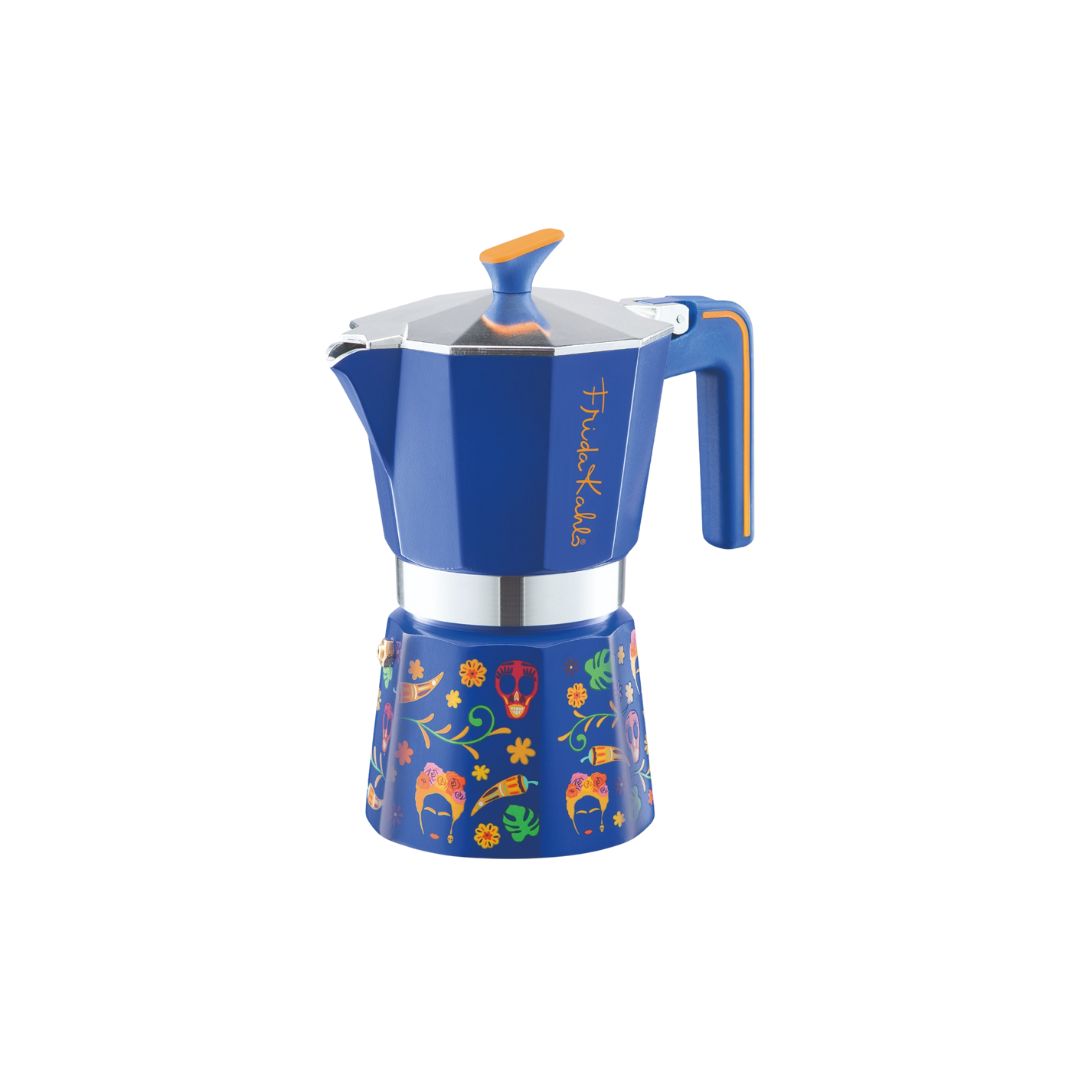 Side view of Pedrini Frida Kahlo Moka Pot showcasing ergonomic handle and precision spout blue