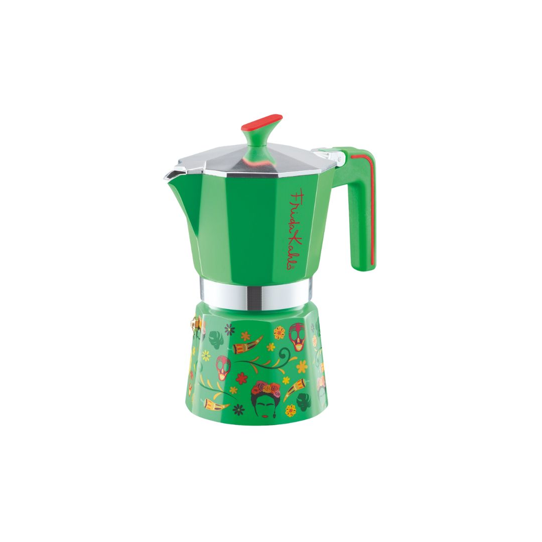 Side view of Pedrini Frida Kahlo Moka Pot showcasing ergonomic handle and precision spout green