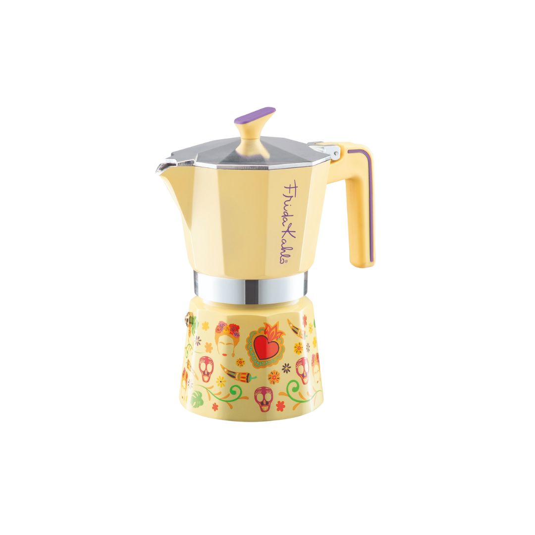 Side view of Pedrini Frida Kahlo Moka Pot showcasing ergonomic handle and precision spout yellow