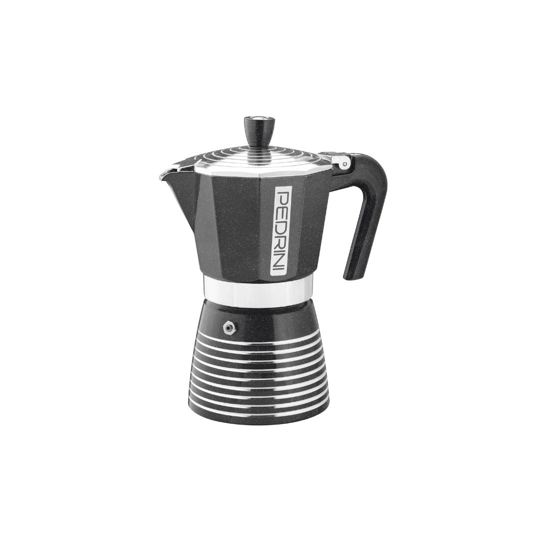 Top view of Pedrini Infinity Moka Pot featuring decorative lid with easy-grip knob