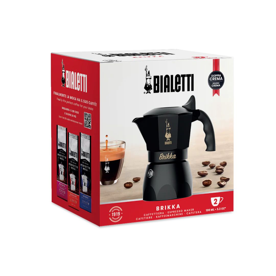 Bialetti Brikka Limited Edition Matt Black in original packaging highlighting product details and branding​
