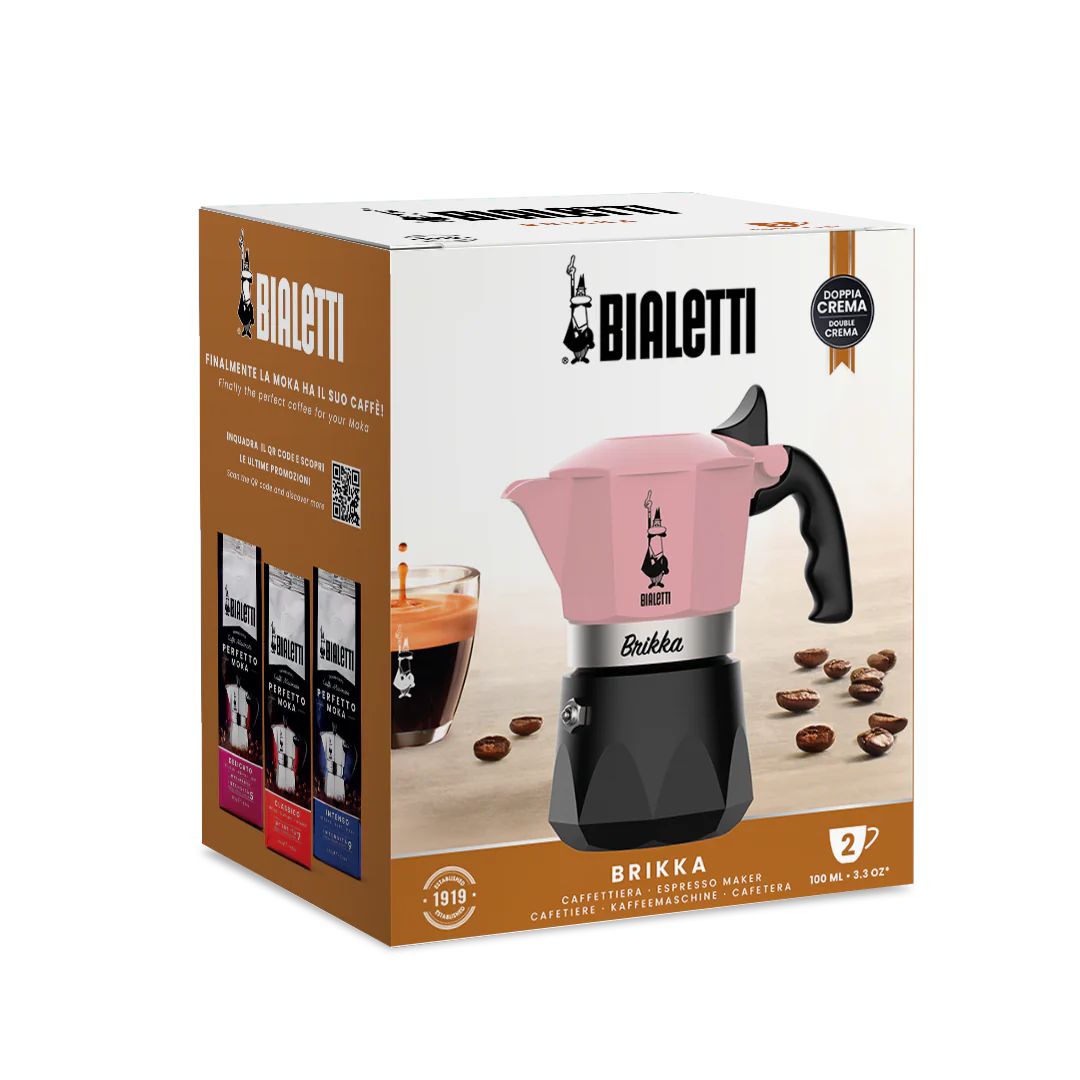 Bialetti Brikka Limited Edition Pink in original packaging highlighting product details and branding