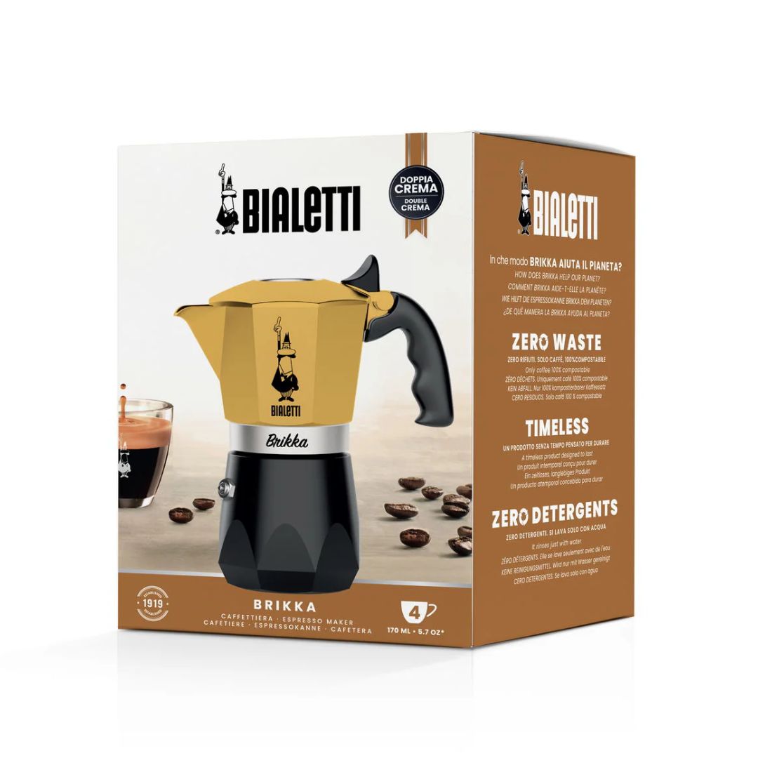 Bialetti Brikka Limited Edition Yellow in original packaging highlighting product details and branding​