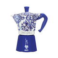 Bialetti Dolce & Gabbana Mediterranean Blue Moka Pot on gas stovetop in contemporary kitchen – fusion of art and coffee tradition​