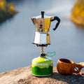 Bialetti Moka Express 1-Cup on gas stovetop in contemporary kitchen – authentic Italian espresso at home