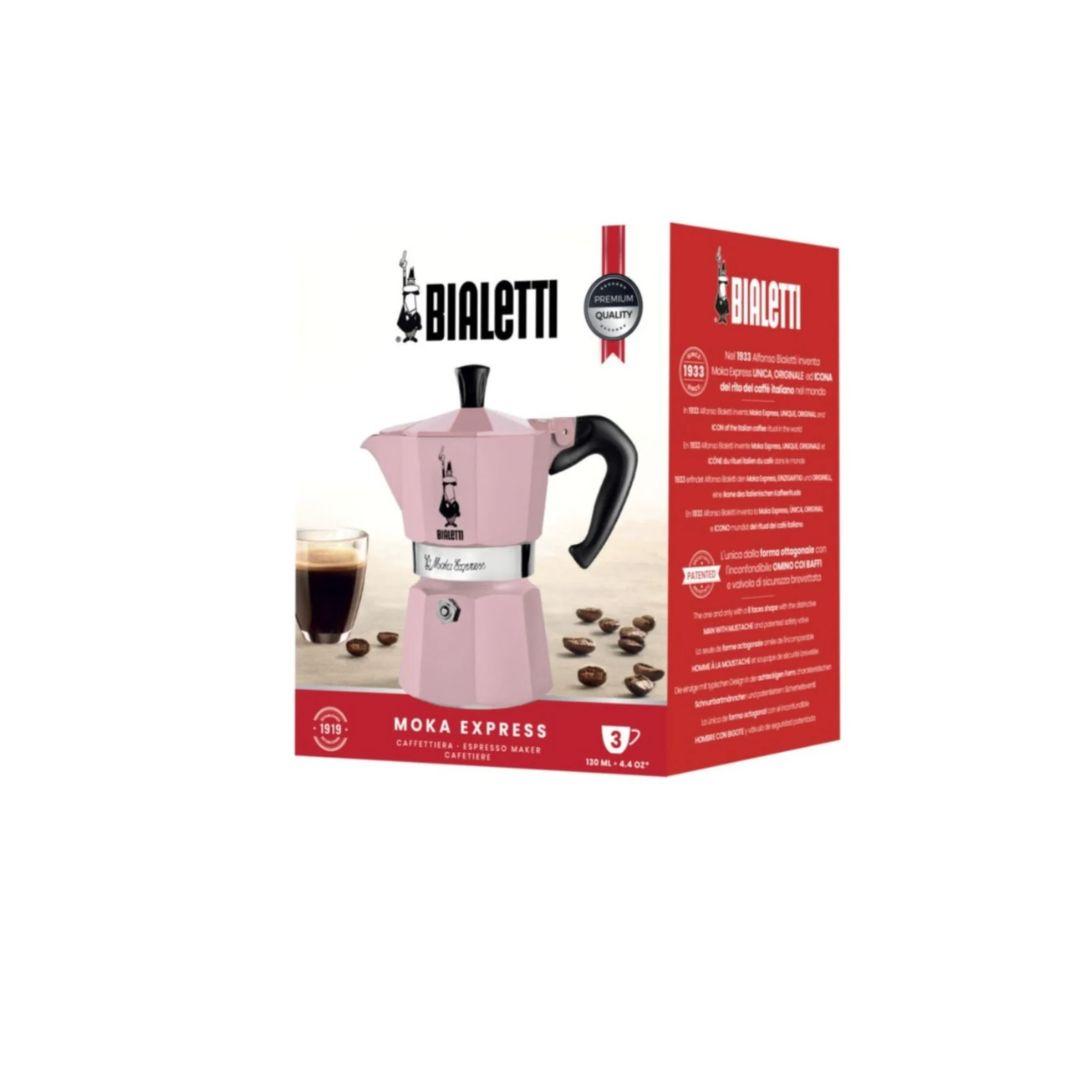 Bialetti Moka Express Pink – 3-Cup Aluminum Stovetop Espresso Maker with Black Handle​