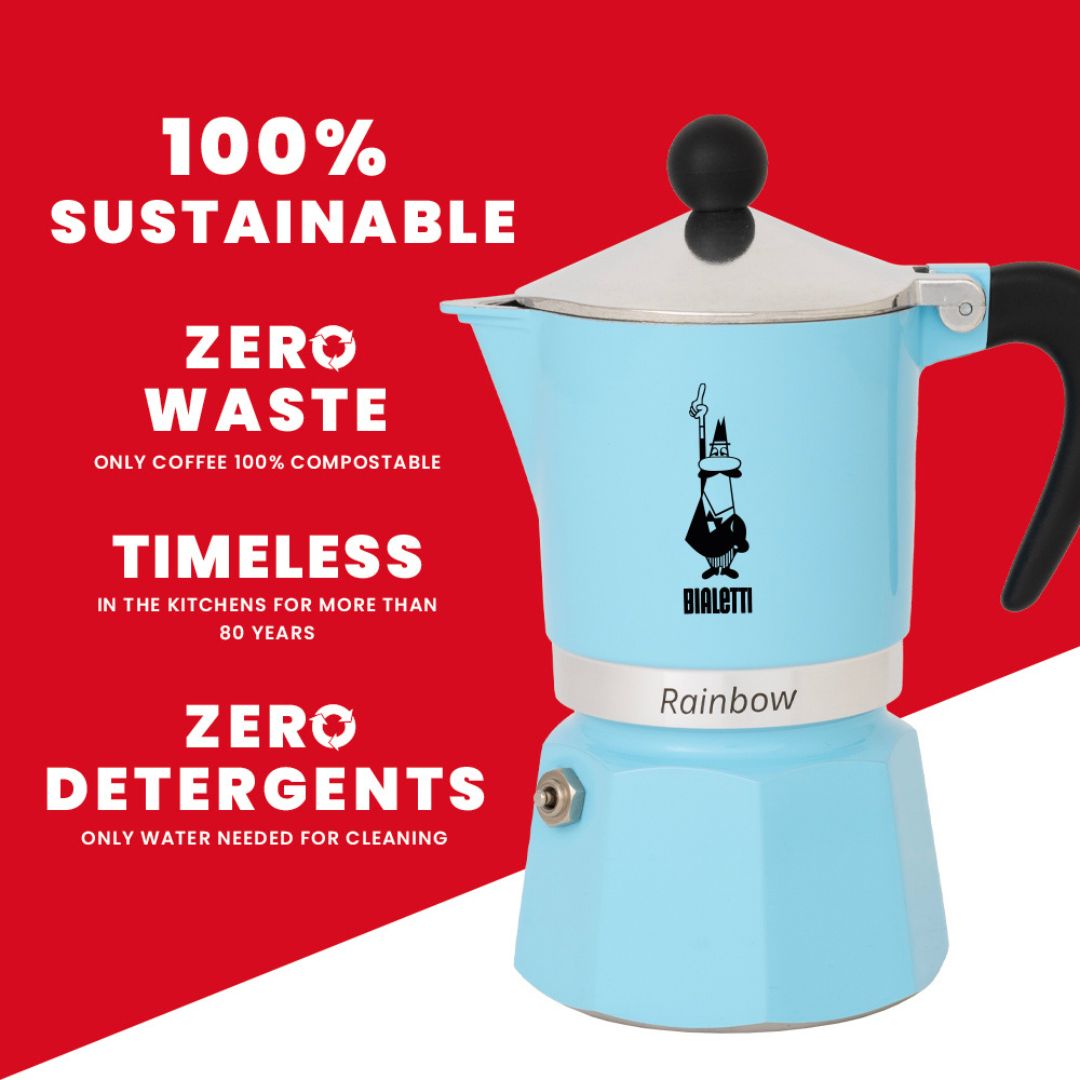Bialetti Rainbow Blue Moka Pot in original packaging highlighting product details and branding​