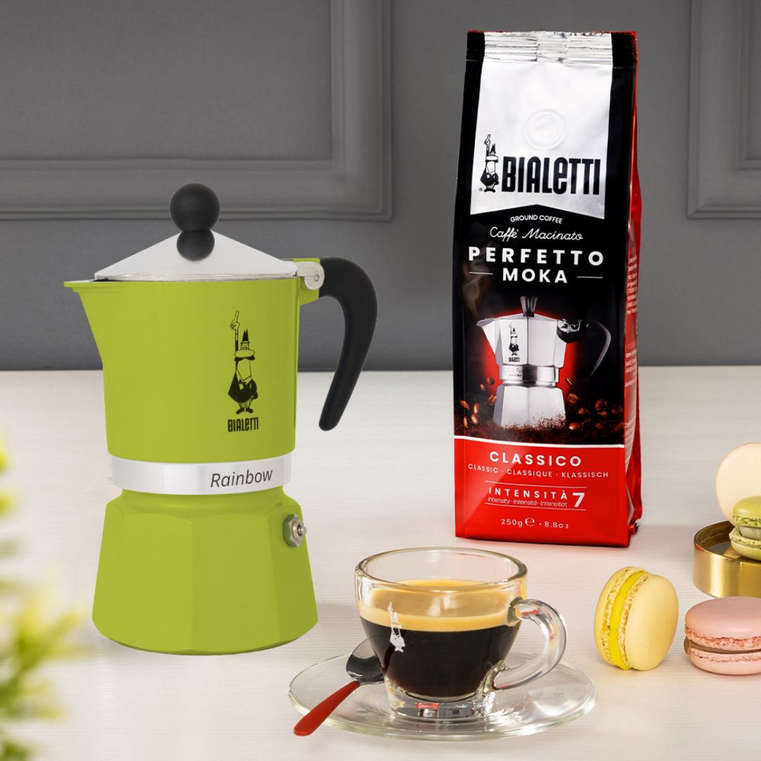 Bialetti Rainbow Green Moka Pot in original packaging highlighting product details and branding