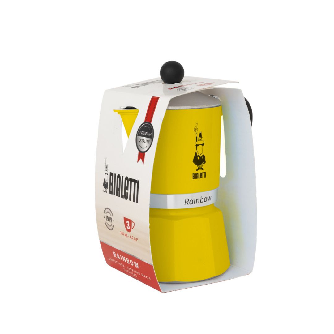 Bialetti Rainbow Yellow Moka Pot in original packaging highlighting product details and branding​
