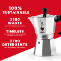 Components of Bialetti Moka Express 1-Cup – aluminum filter plate, rubber gasket, and water chamber