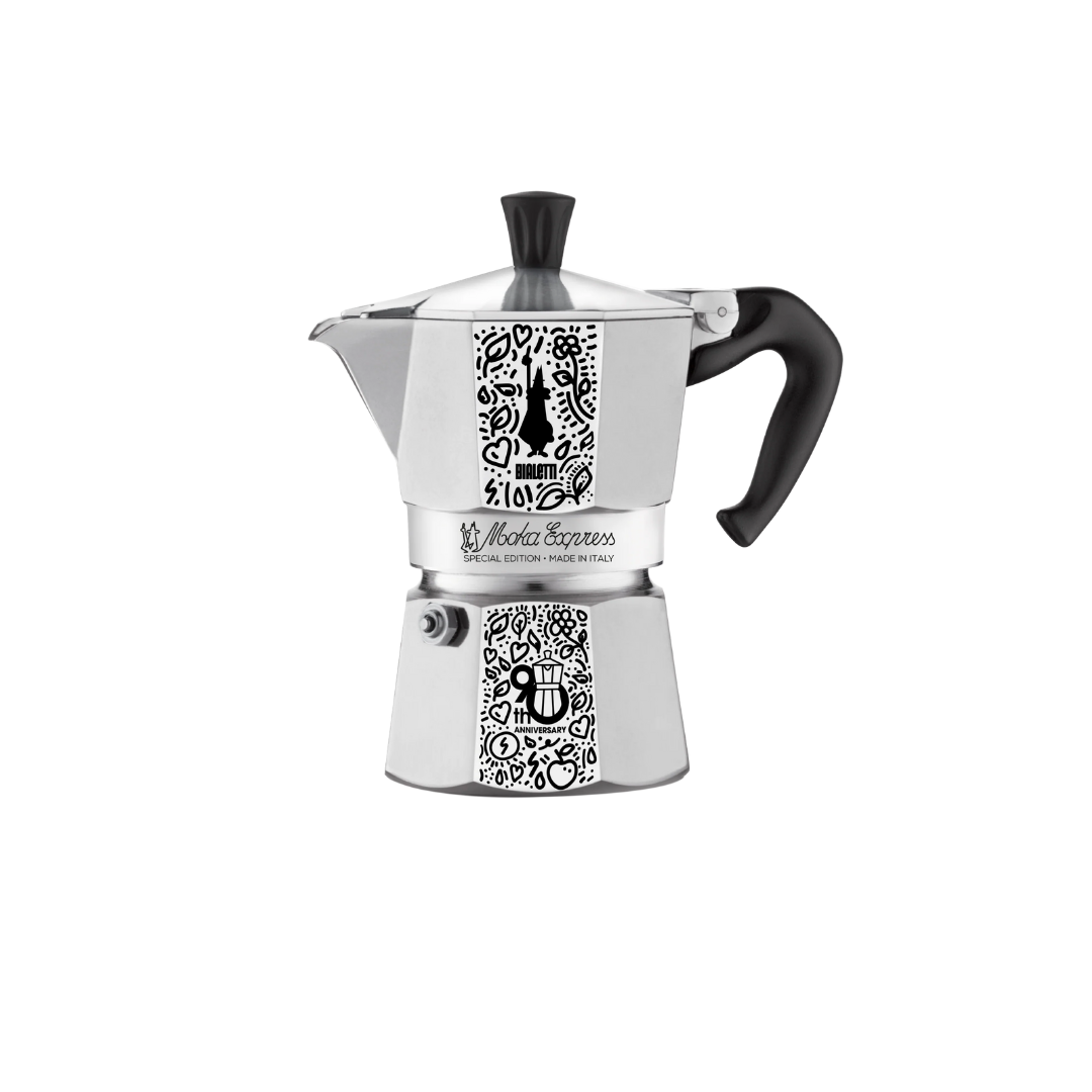 Bialetti Moka Express 90th Anniversary Edition – 3-Cup Stovetop Espresso Maker with Artistic Design