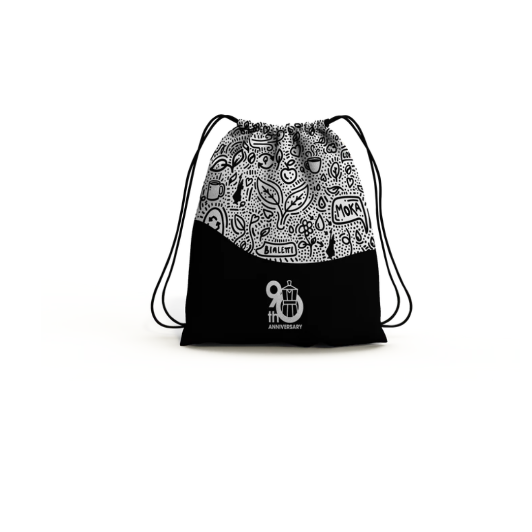 Bialetti Moka Express 90th Anniversary Edition accompanied by special edition drawstring bag featuring matching artwork