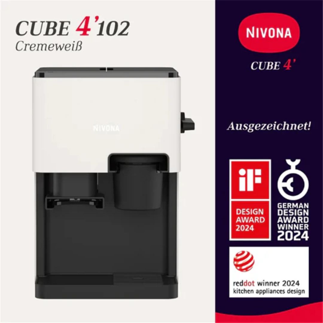 Nivona CUBE 4102 packaging with included accessories – water filter, cleaning tablets, and measuring spoon
