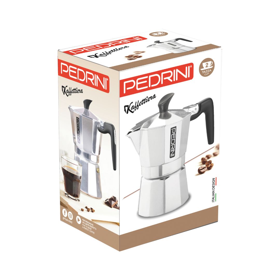 Pedrini Aroma Chic Moka Pot on stovetop in contemporary kitchen – blending style and functionality​