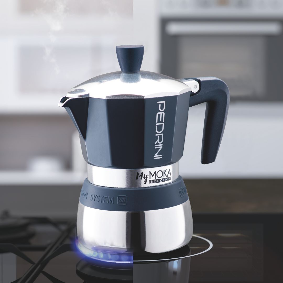 Pedrini MyMoka Induction Moka Pot on stovetop in contemporary kitchen – blending modern aesthetics with traditional brewing