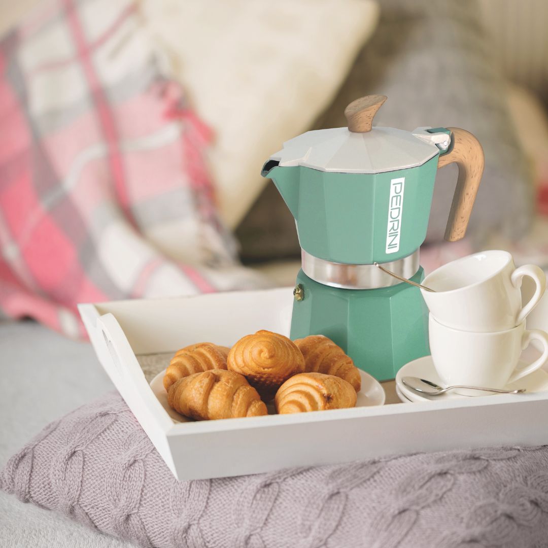 Pedrini My Moka Color Moka Pot on stovetop in contemporary kitchen – adding a pop of color to your coffee routine​