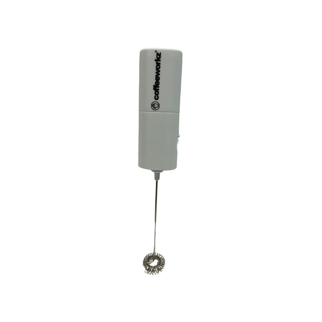 Side view of Battery-Operated Milk Frother showcasing ergonomic handle and stainless steel whisk​