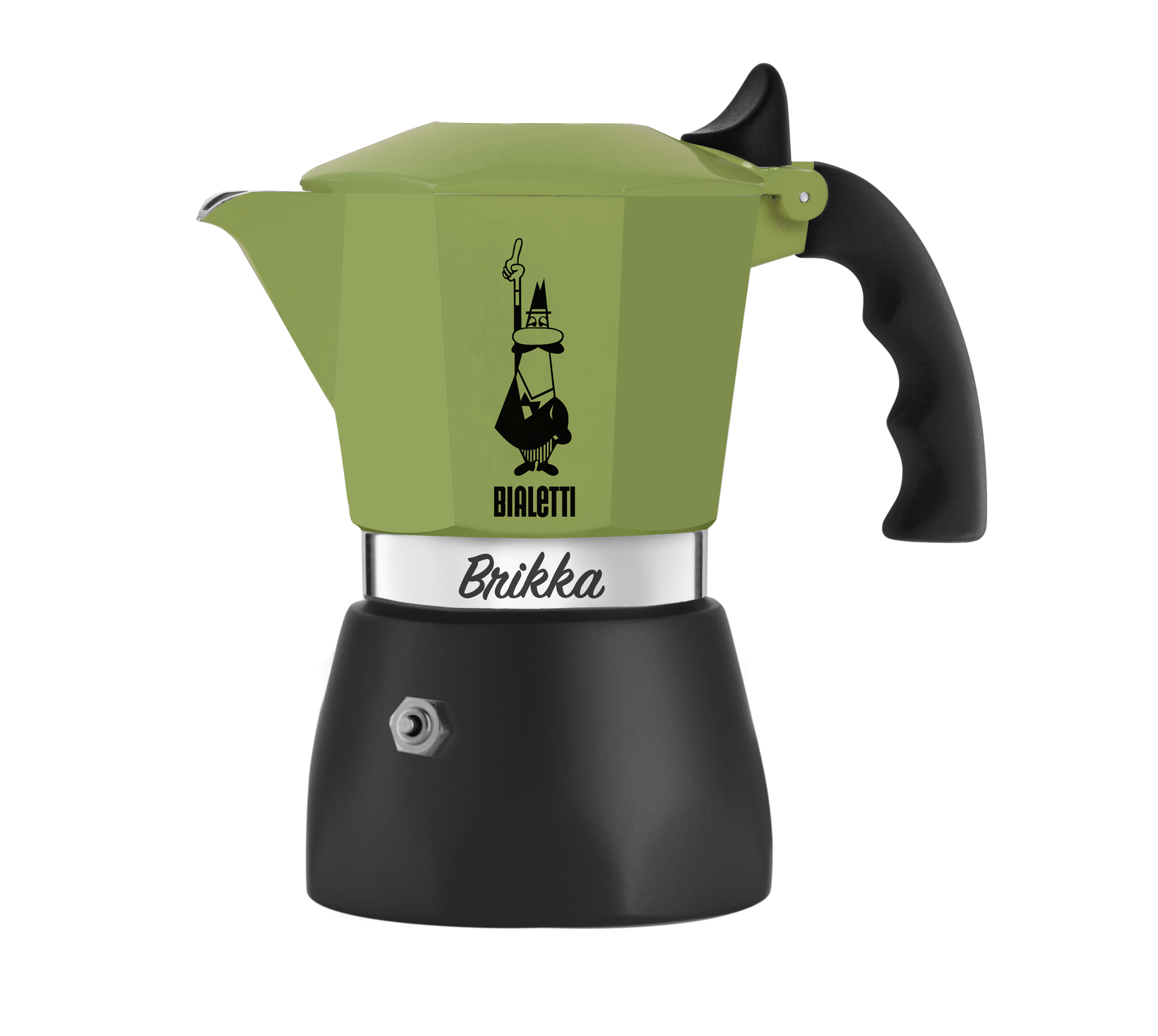 Side view of Bialetti Brikka green showing ergonomic black handle and precise spout design​