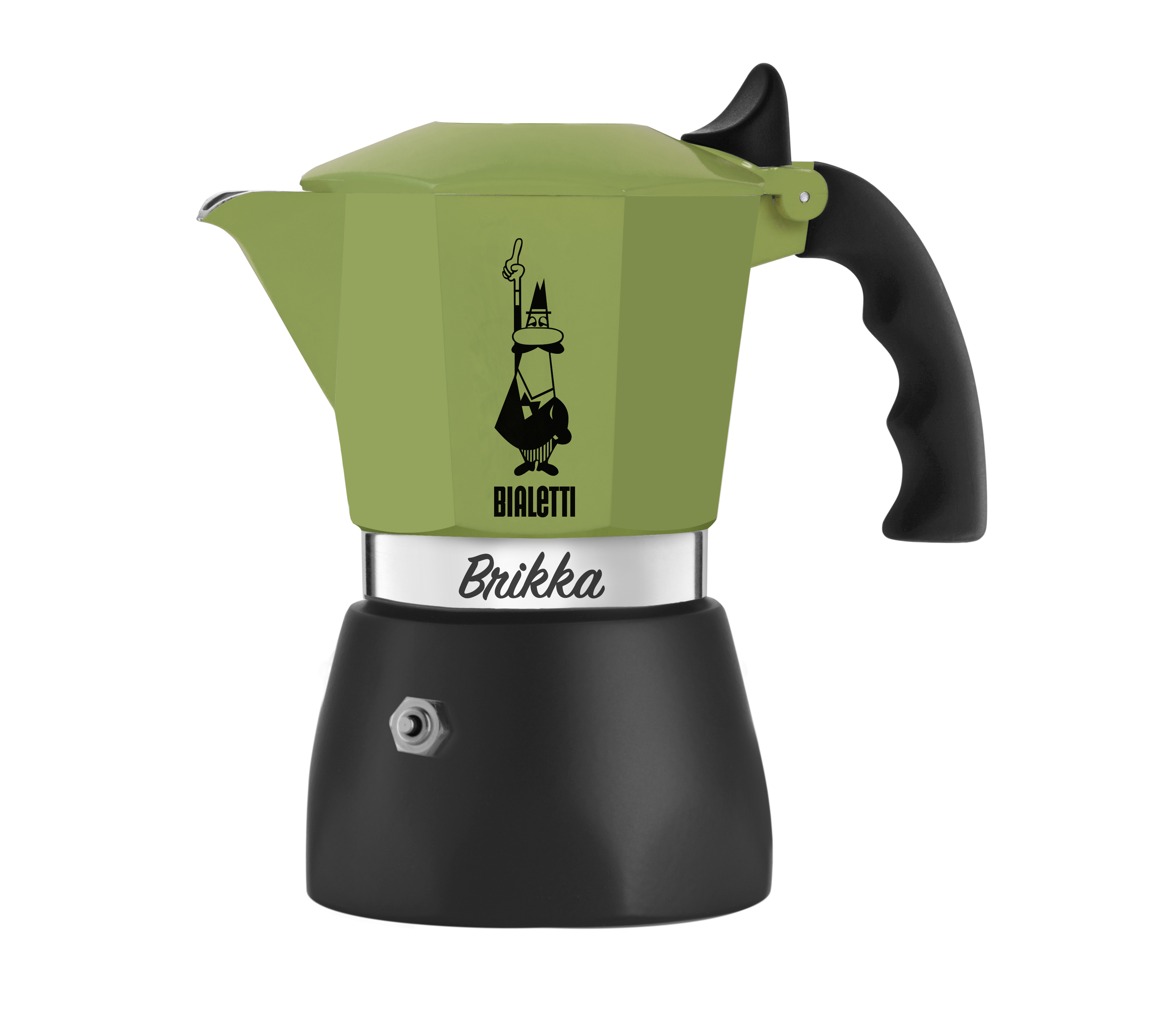 Side view of Bialetti Brikka green showing ergonomic black handle and precise spout design​