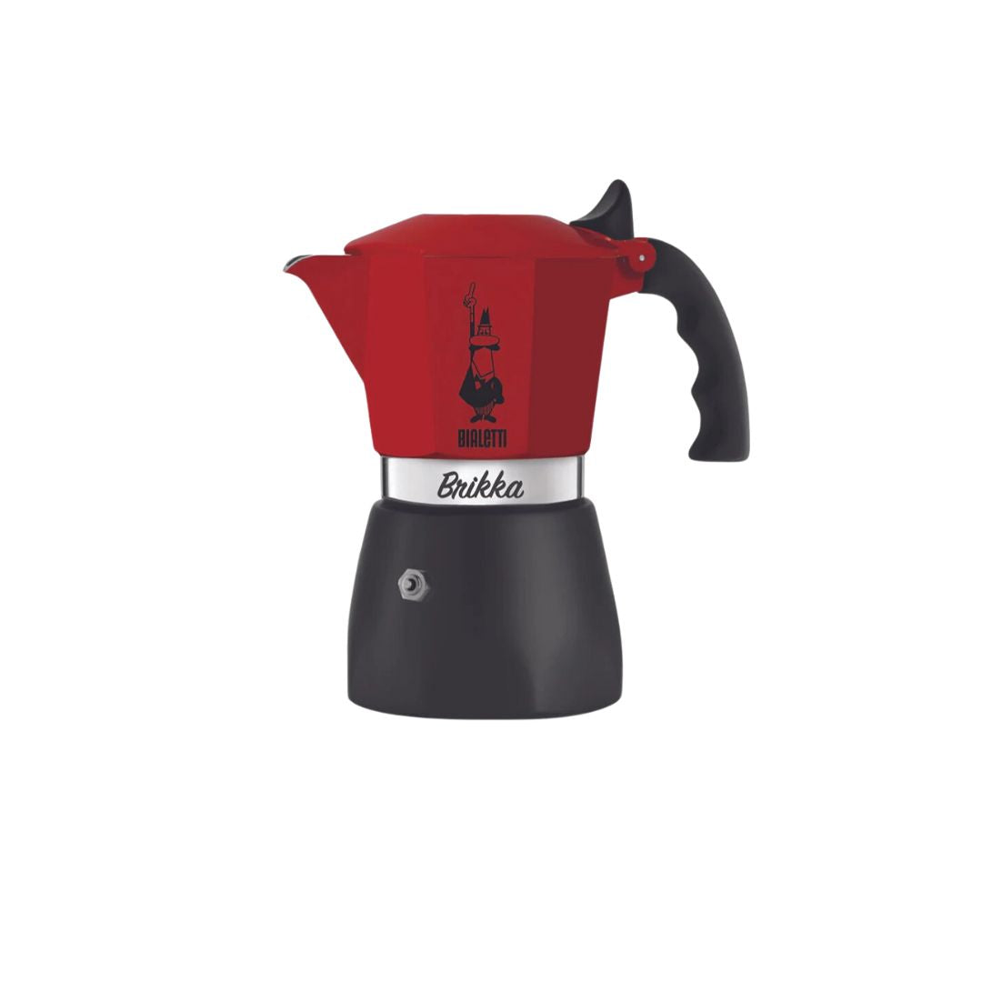 Side view of Bialetti Brikka red showing ergonomic black handle and precise spout design​