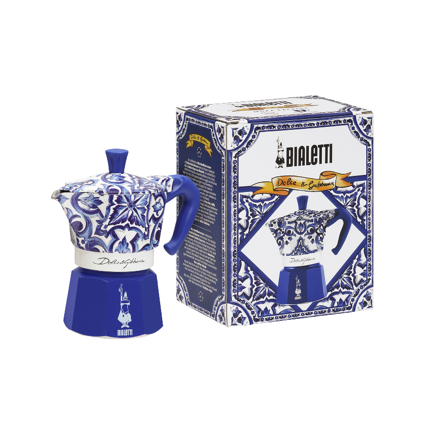 Side view of Bialetti Dolce & Gabbana Mediterranean Blue Moka Pot showcasing ergonomic handle and precision spout