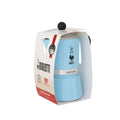 Side view of Bialetti Rainbow Blue Moka Pot showcasing ergonomic black handle and precise spout design​