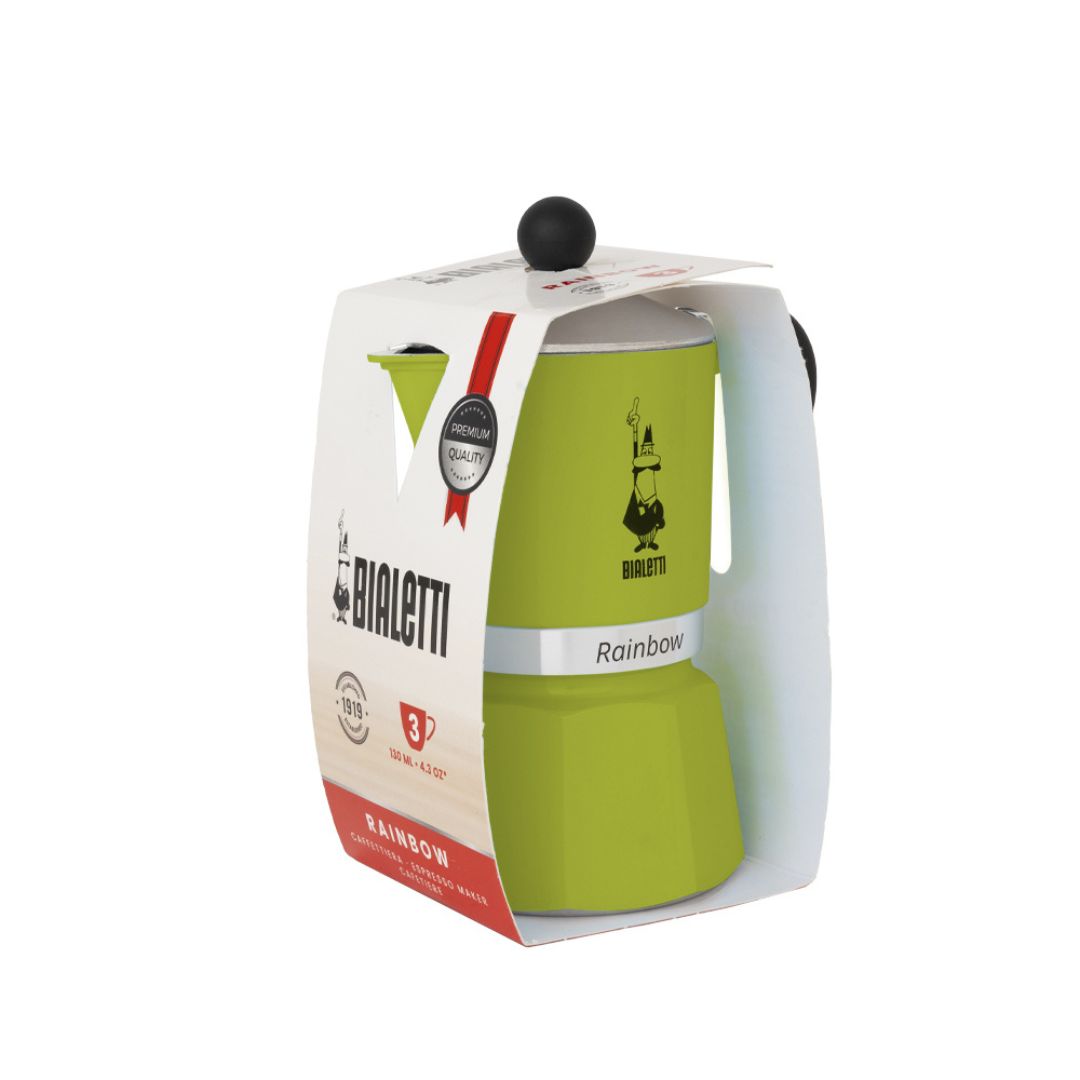 Side view of Bialetti Rainbow Green Moka Pot showcasing ergonomic black handle and precise spout design