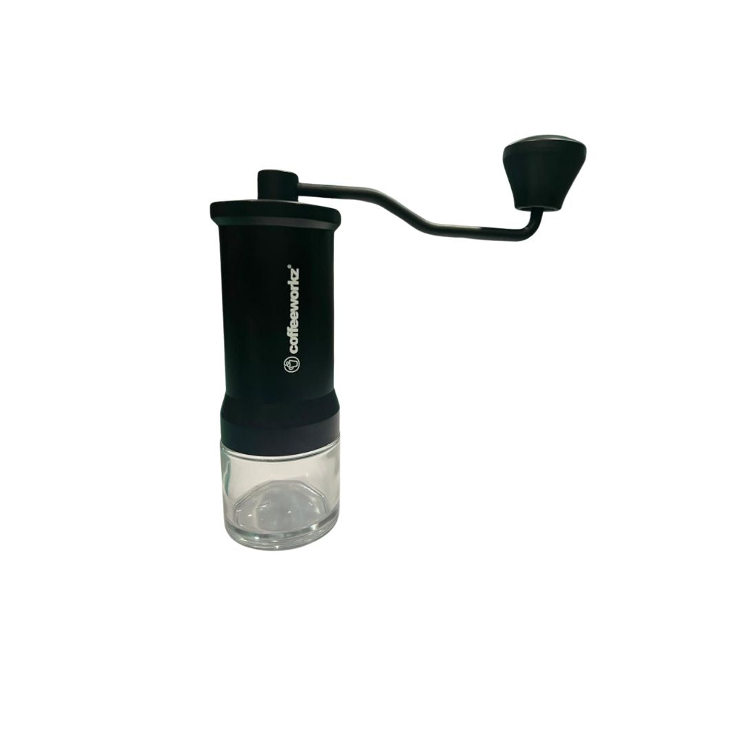 Side view of Manual Coffee Grinder showcasing ceramic burrs and wooden crank handle