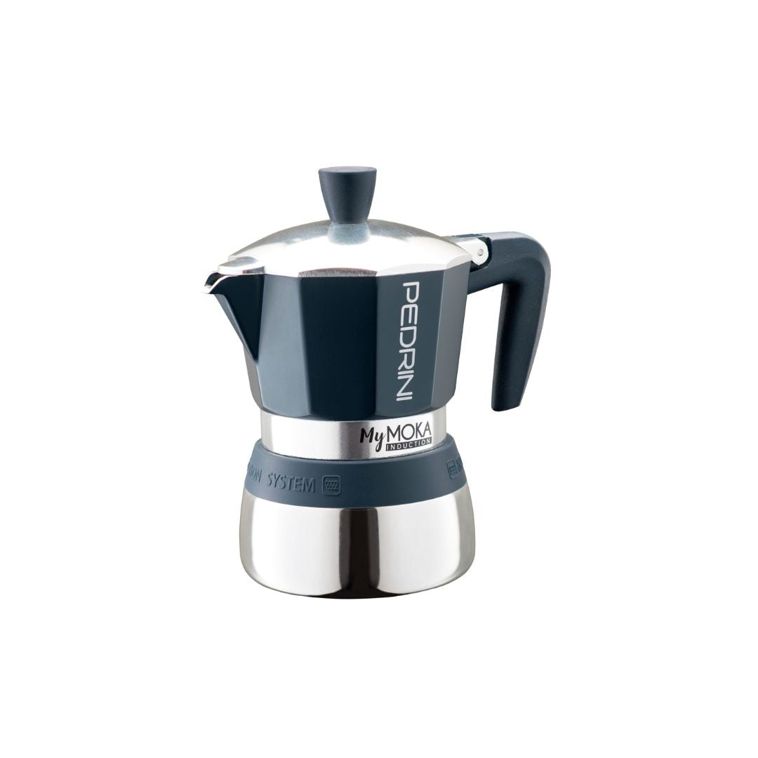 Side view of Pedrini MyMoka Induction Moka Pot showcasing ergonomic handle and precision spout