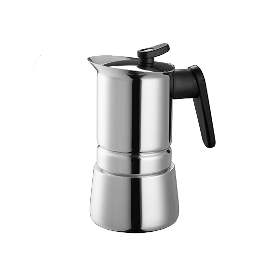 Side view of Pedrini Steel Moka Pot showcasing integrated spout and cylindrical design
