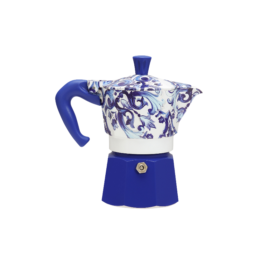 Top view of Bialetti Dolce & Gabbana Mediterranean Blue Moka Pot featuring decorative lid with easy-grip knob​