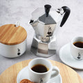 Top view of Bialetti Moka Express 1-Cup featuring flip-top lid and patented safety valve