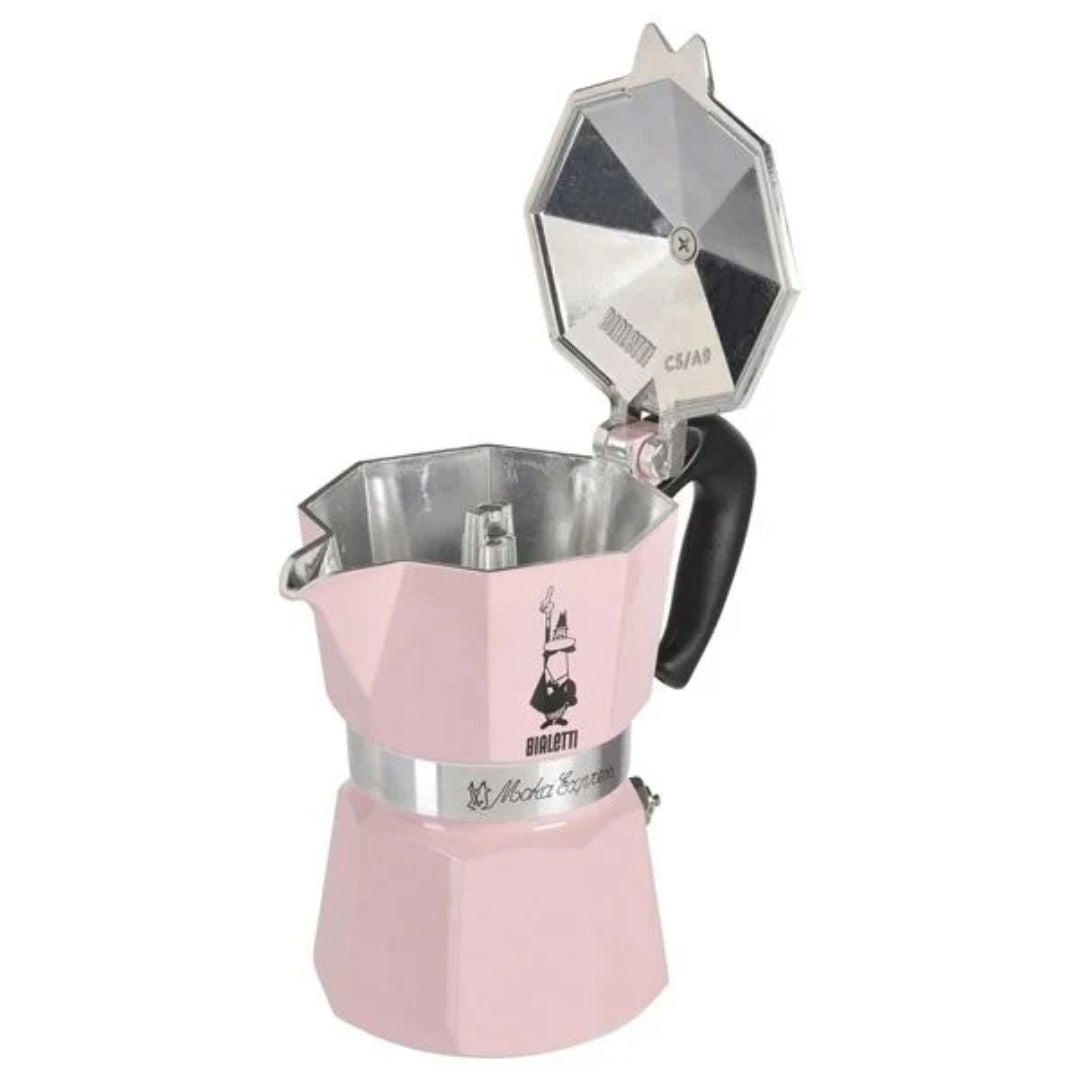 Top view of Bialetti Moka Express Pink featuring silver lid with black knob for easy opening​