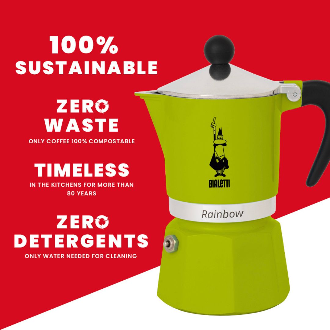 Top view of Bialetti Rainbow Green Moka Pot featuring silver lid with black knob for easy opening​