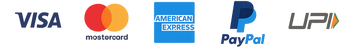 Minimal, modern payment icons in a single row — includes Visa, Mastercard, American Express, PayPal, and UPI. Flat design, light background, rounded corners, high contrast for visibility on websites.