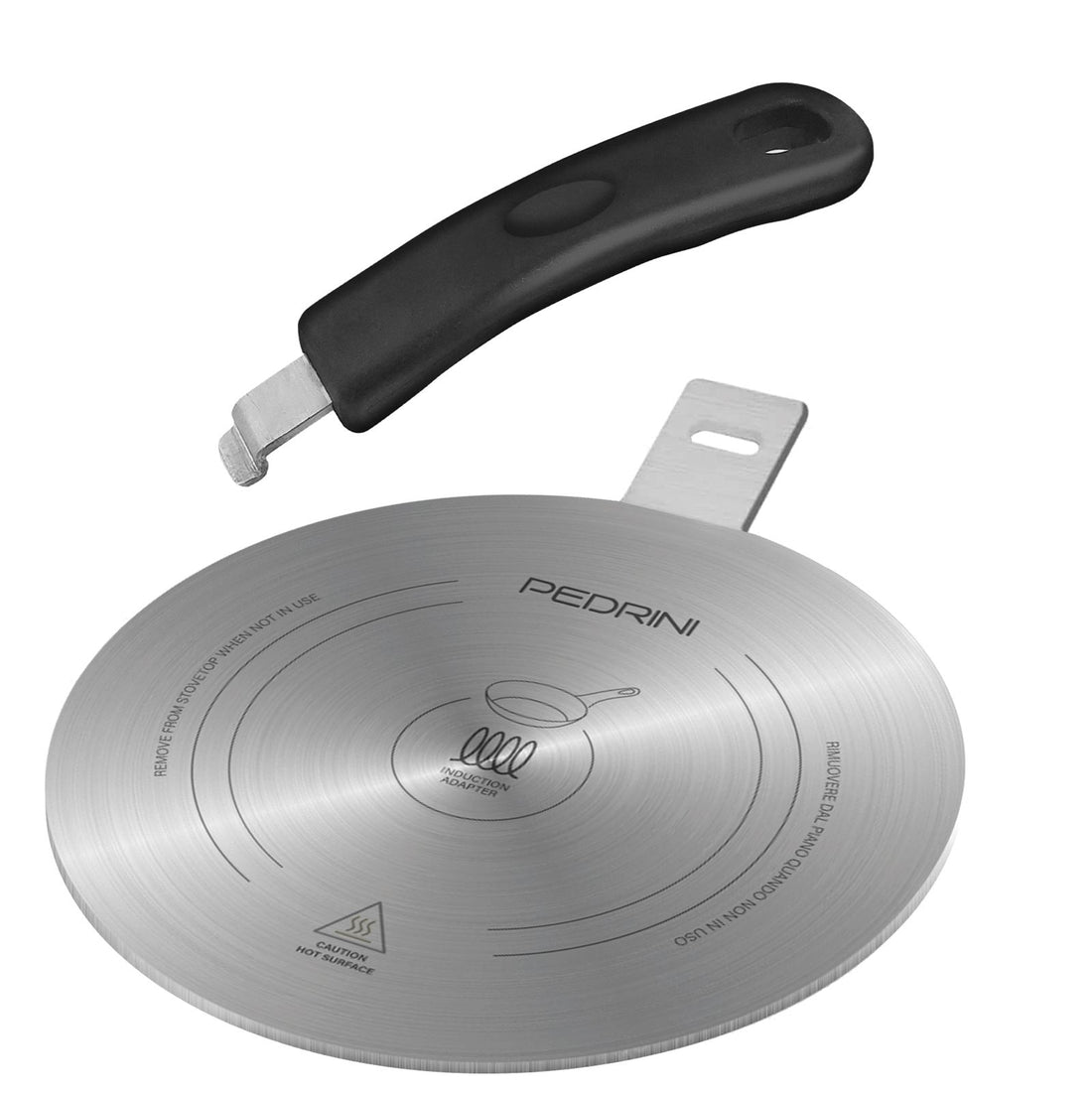 Pedrini stainless steel induction plate adapter for non induction cookware with heat resistant handle
