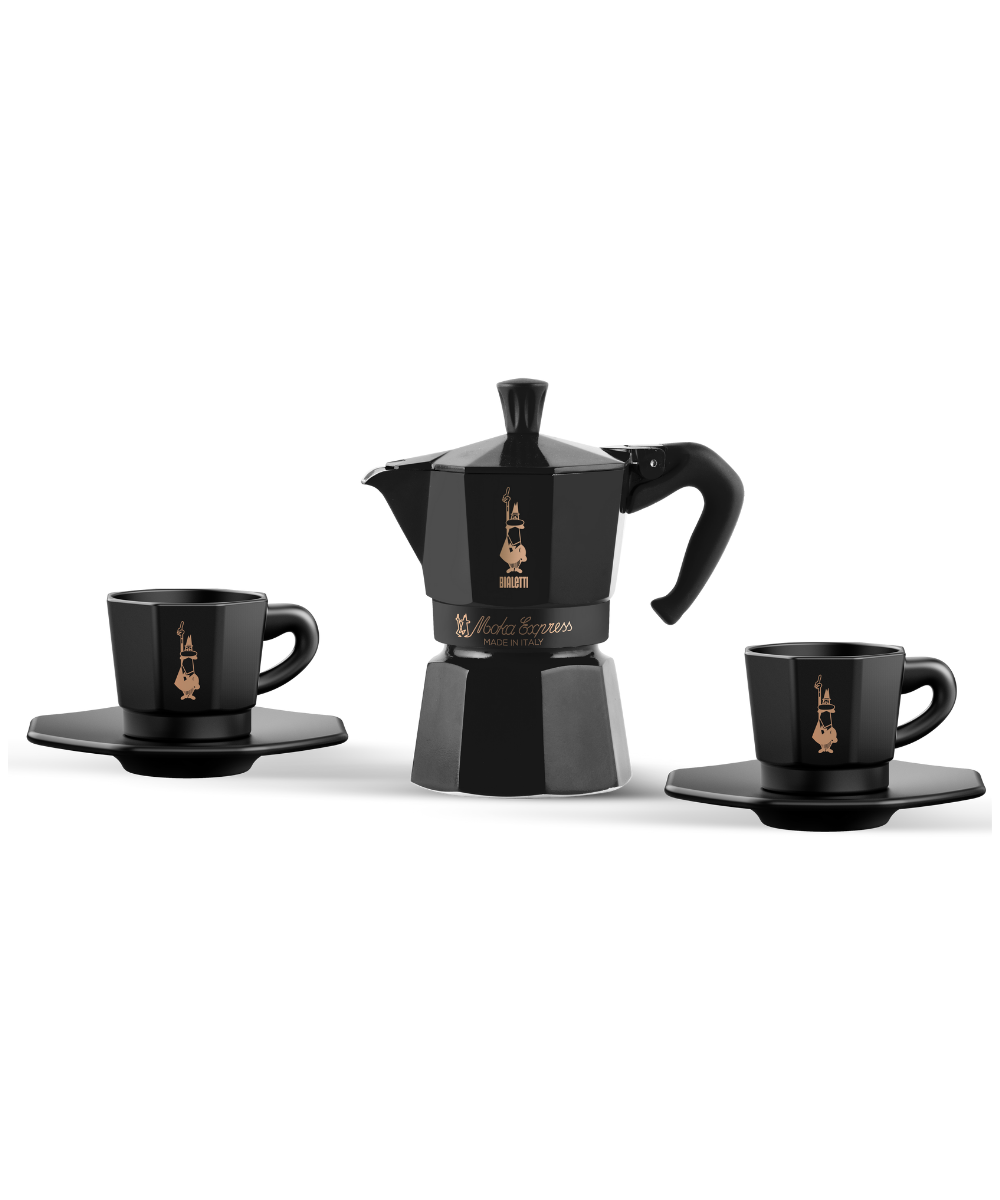 Black Star Edition Moka Express 3 Cups Plus 2 Espresso Cups + FREE Bialetti Bag Pack